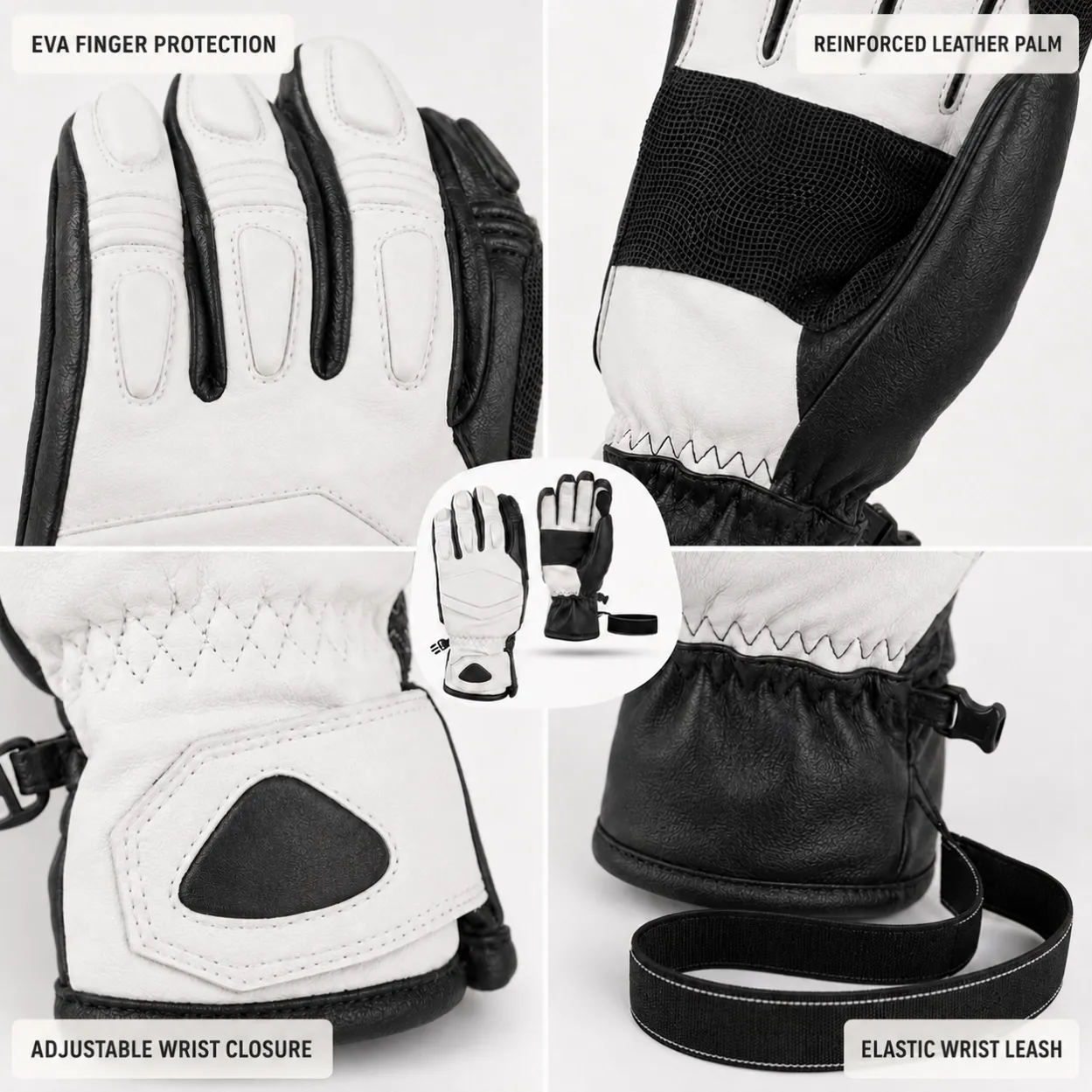 EVA finger protection, reinforced leather palm, adjustable wrist closure and elastic leash details