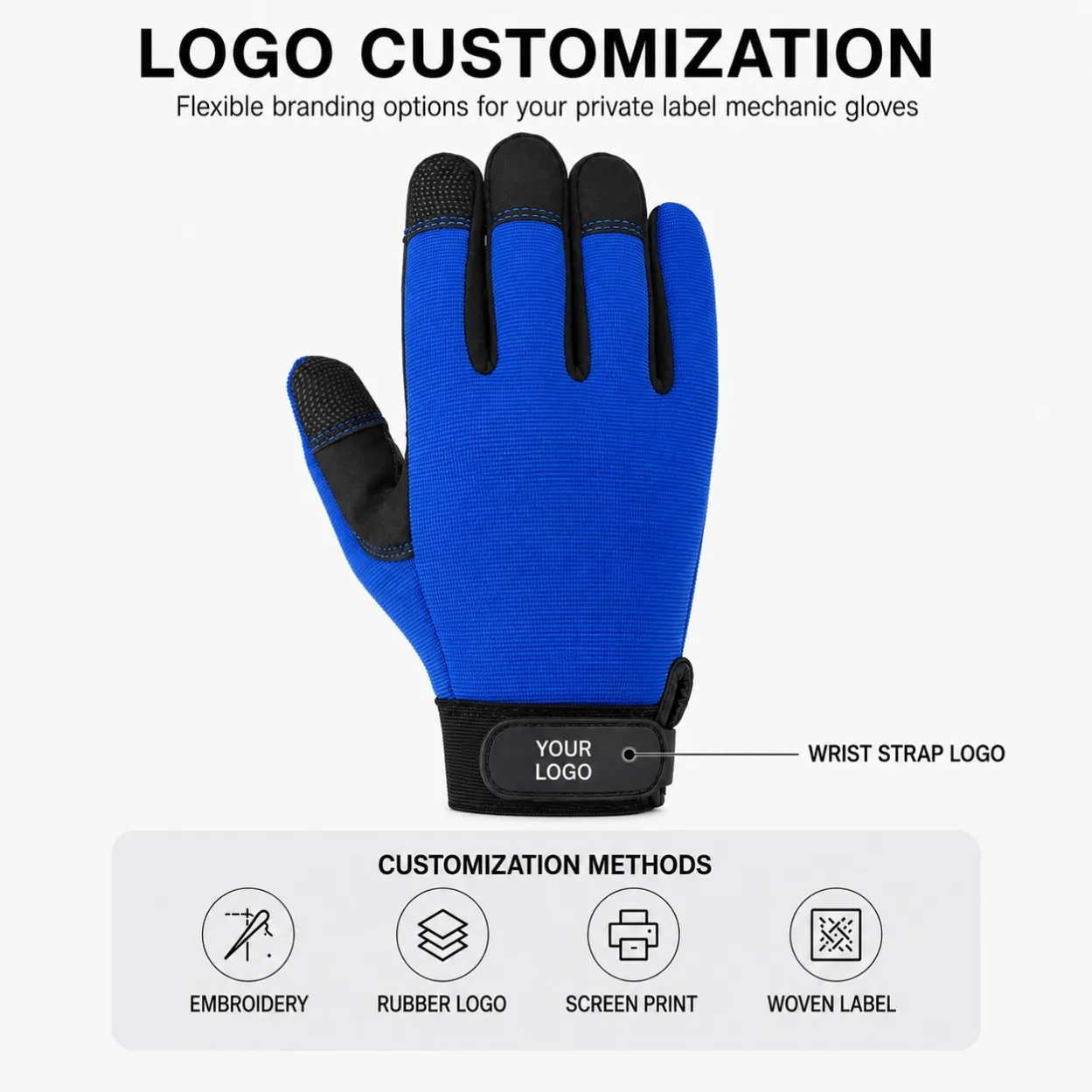 Wrist strap logo placement and branding methods for private label mechanic gloves