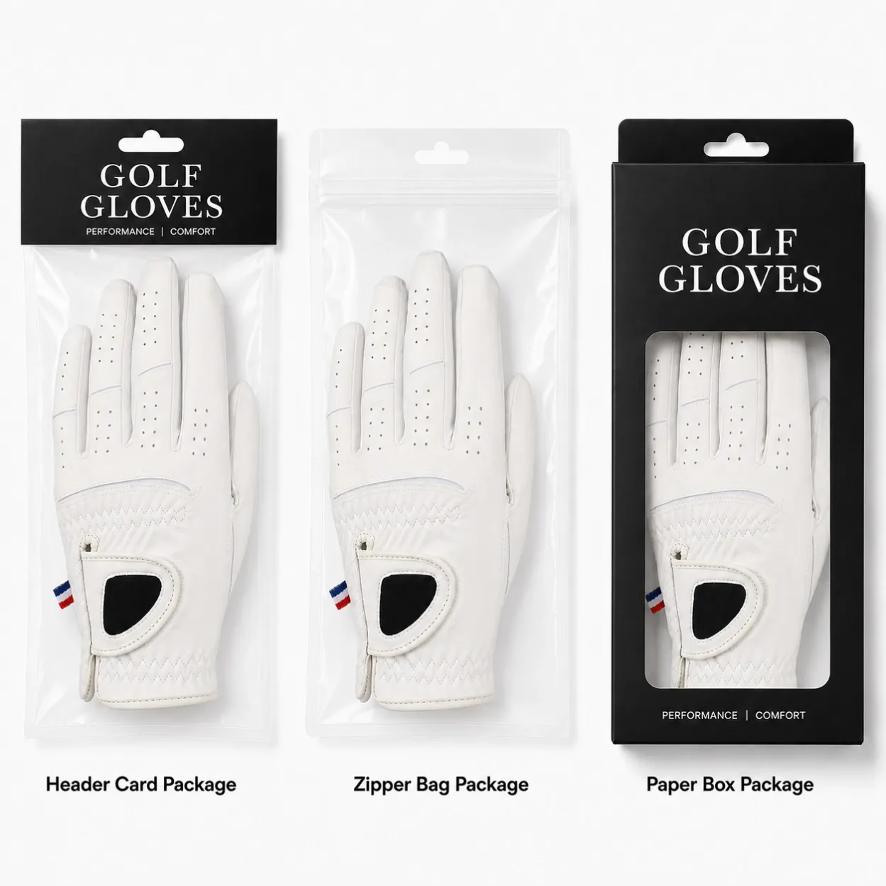 Header card, zipper bag and paper box packaging for custom nano golf gloves
