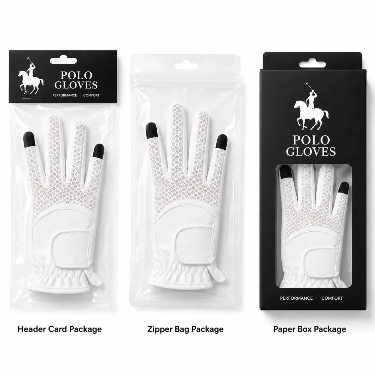 Custom packaging options for private label polo gloves