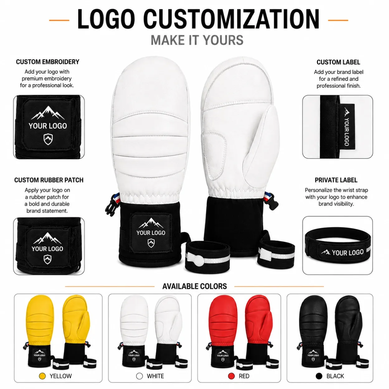 OEM custom logo ski mittens with embroidery, rubber patch, woven label and private label branding options.
