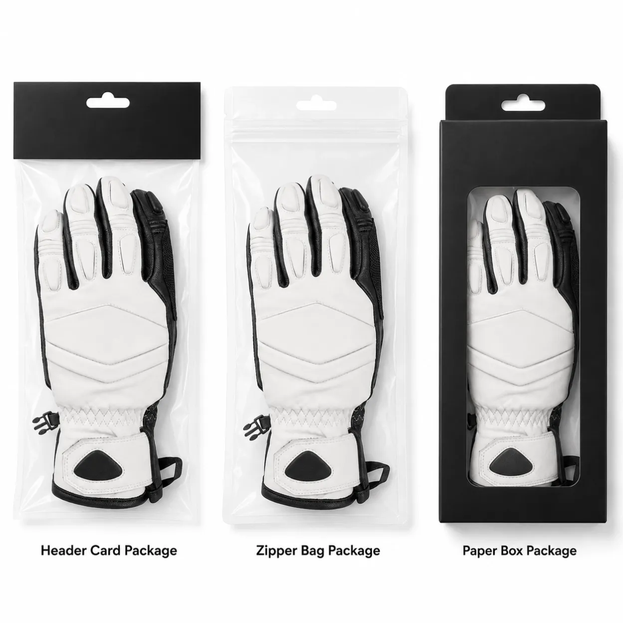 Header card, zipper bag and paper box packaging for custom ski gloves