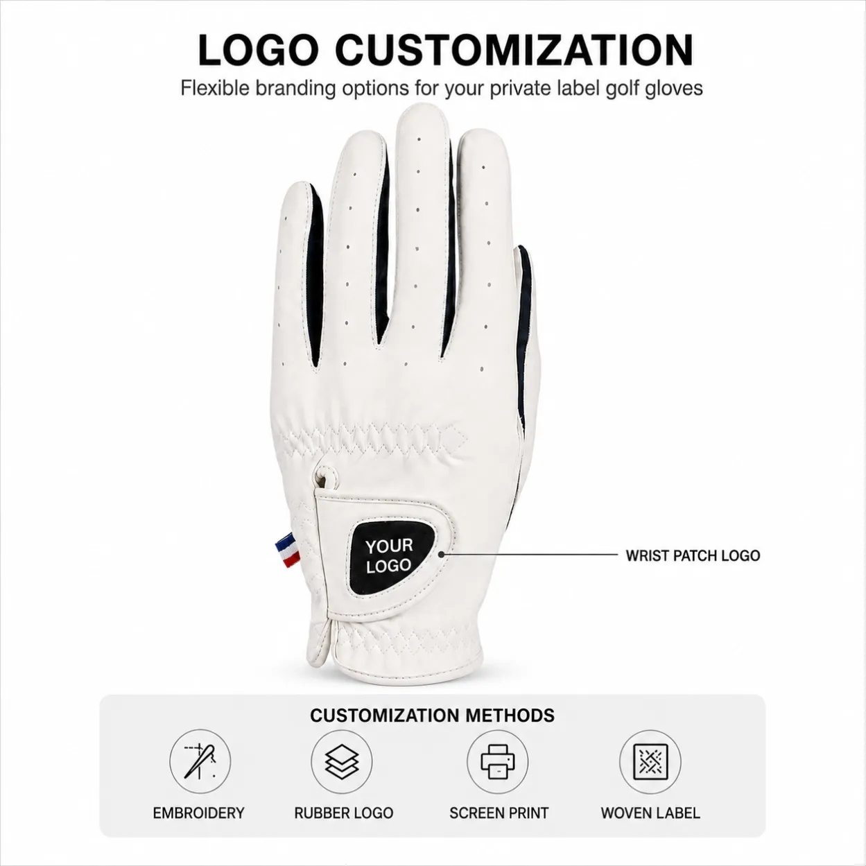 Back-of-hand and wrist patch logo options for private label golf gloves