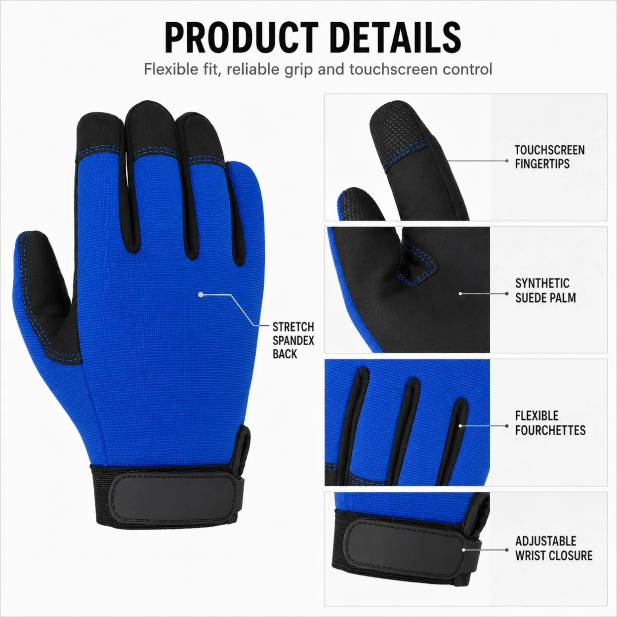 Stretch spandex back, synthetic suede palm, touchscreen fingertips and adjustable wrist details