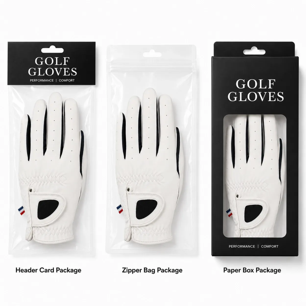 Header card, zipper bag and paper box packaging for custom golf gloves