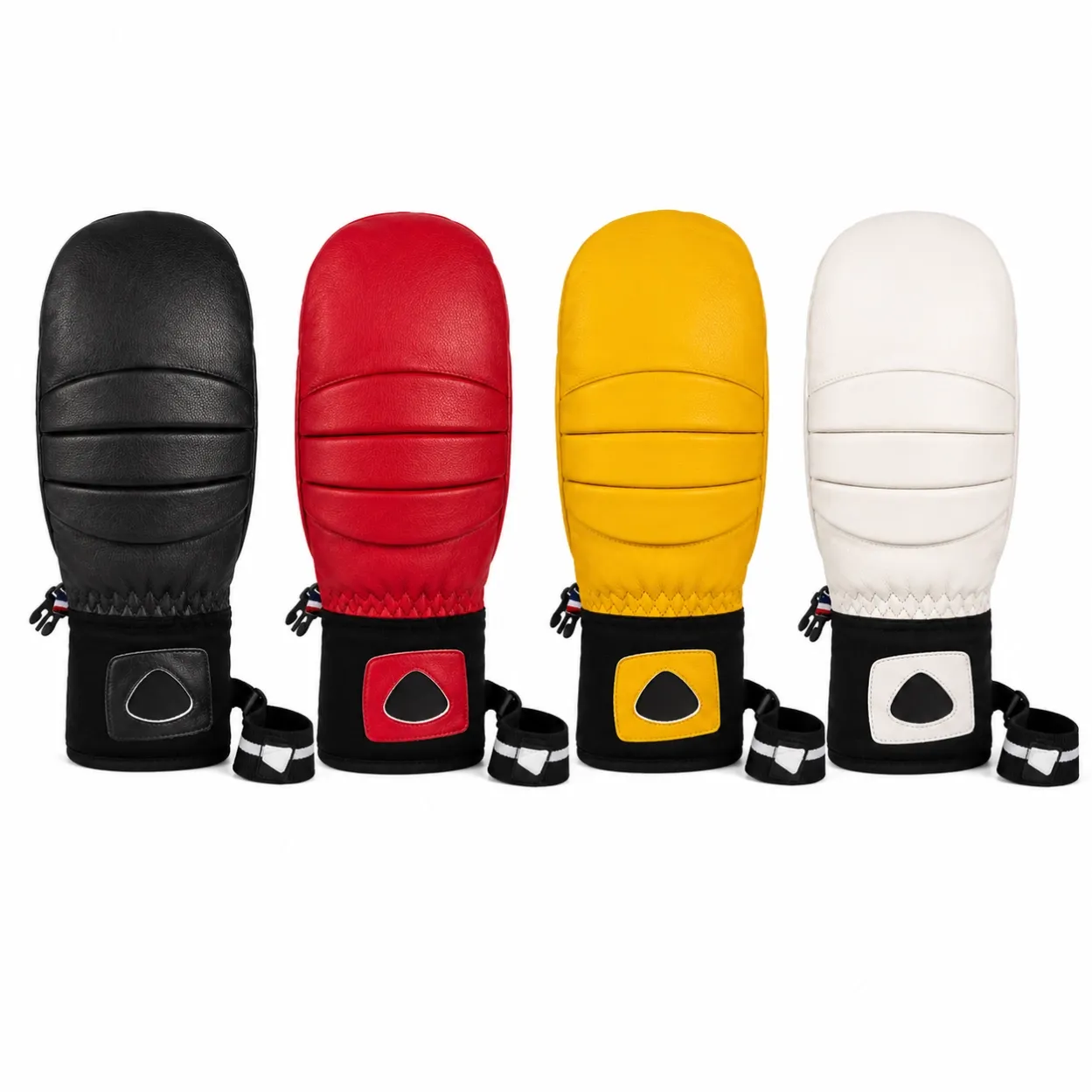 Premium sheepskin ski mittens available in black, white, red and yellow colors for OEM and private label manufacturing.