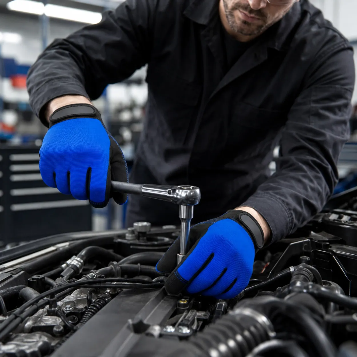 Automotive mechanic wearing blue touchscreen gloves while working on an engine