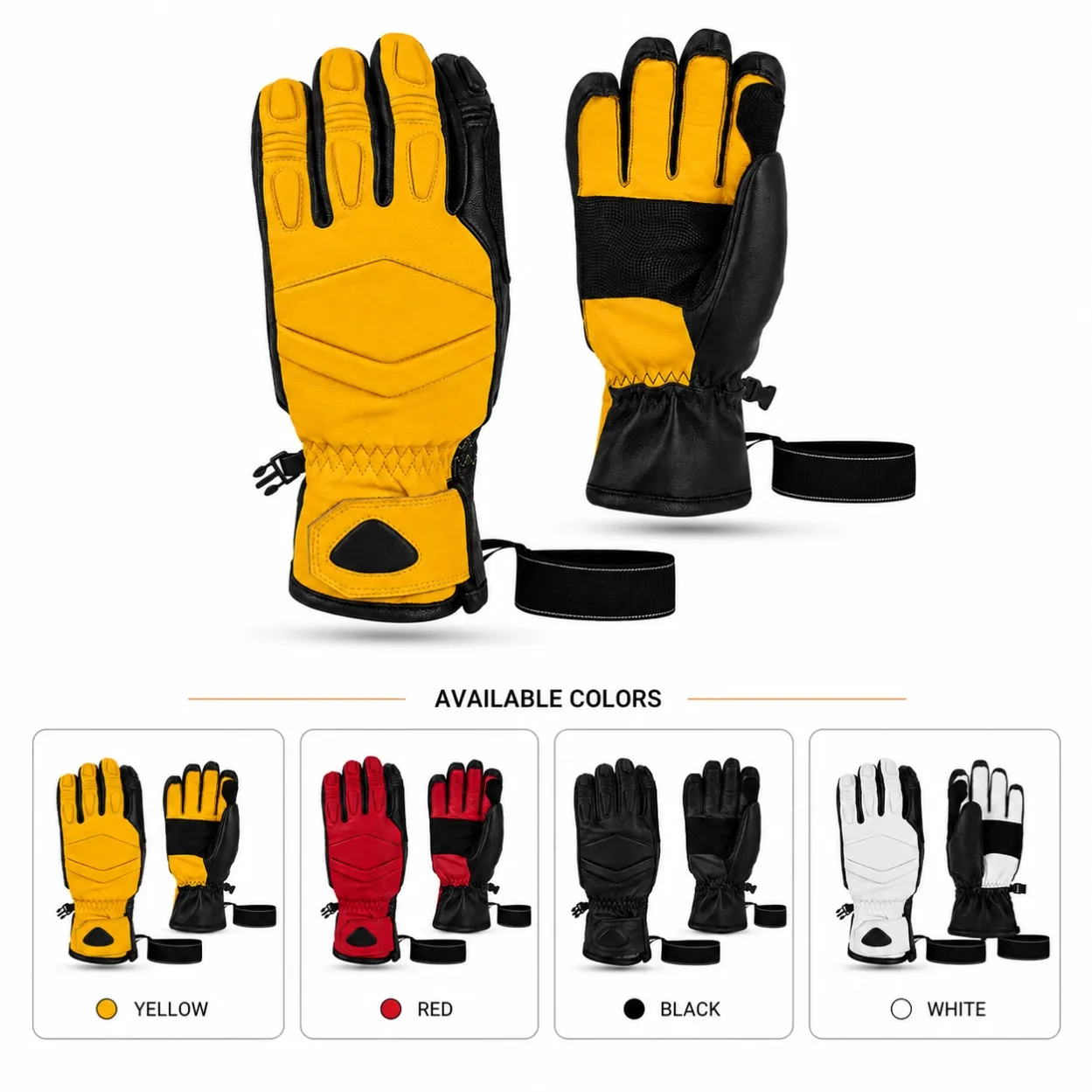 Yellow, red, black and white color options for custom leather ski gloves