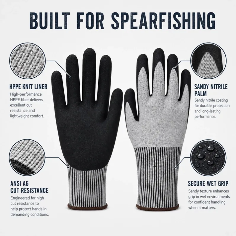 HPPE and steel-wire spearfishing glove with sandy nitrile palm coating