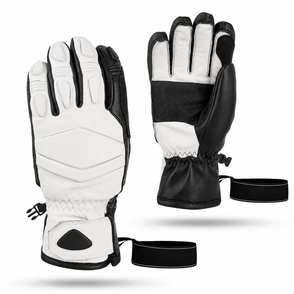 Black and white leather ski gloves shown from back and palm sides