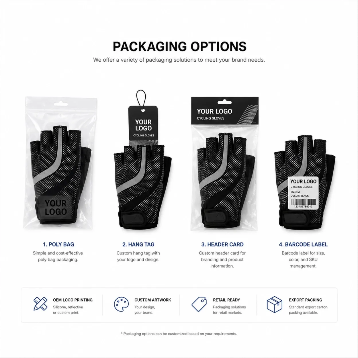 Custom cycling glove packaging options including poly bag hang tag header card and barcode label
