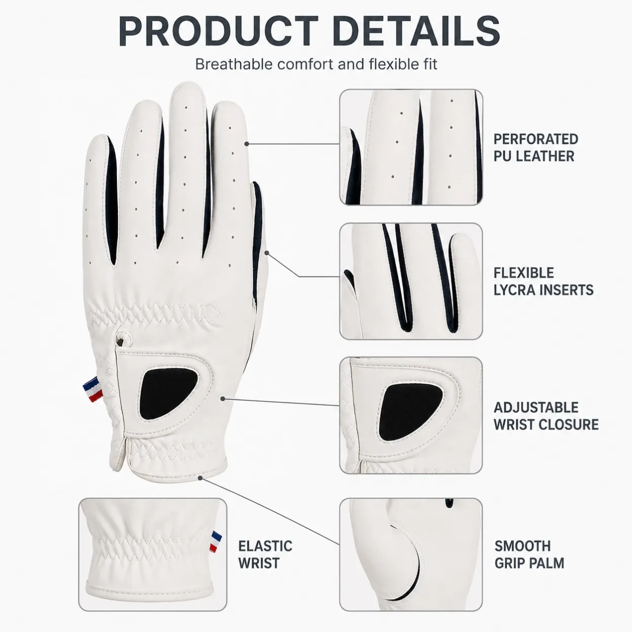 Perforated fingers, Lycra inserts and adjustable closure on a PU golf glove