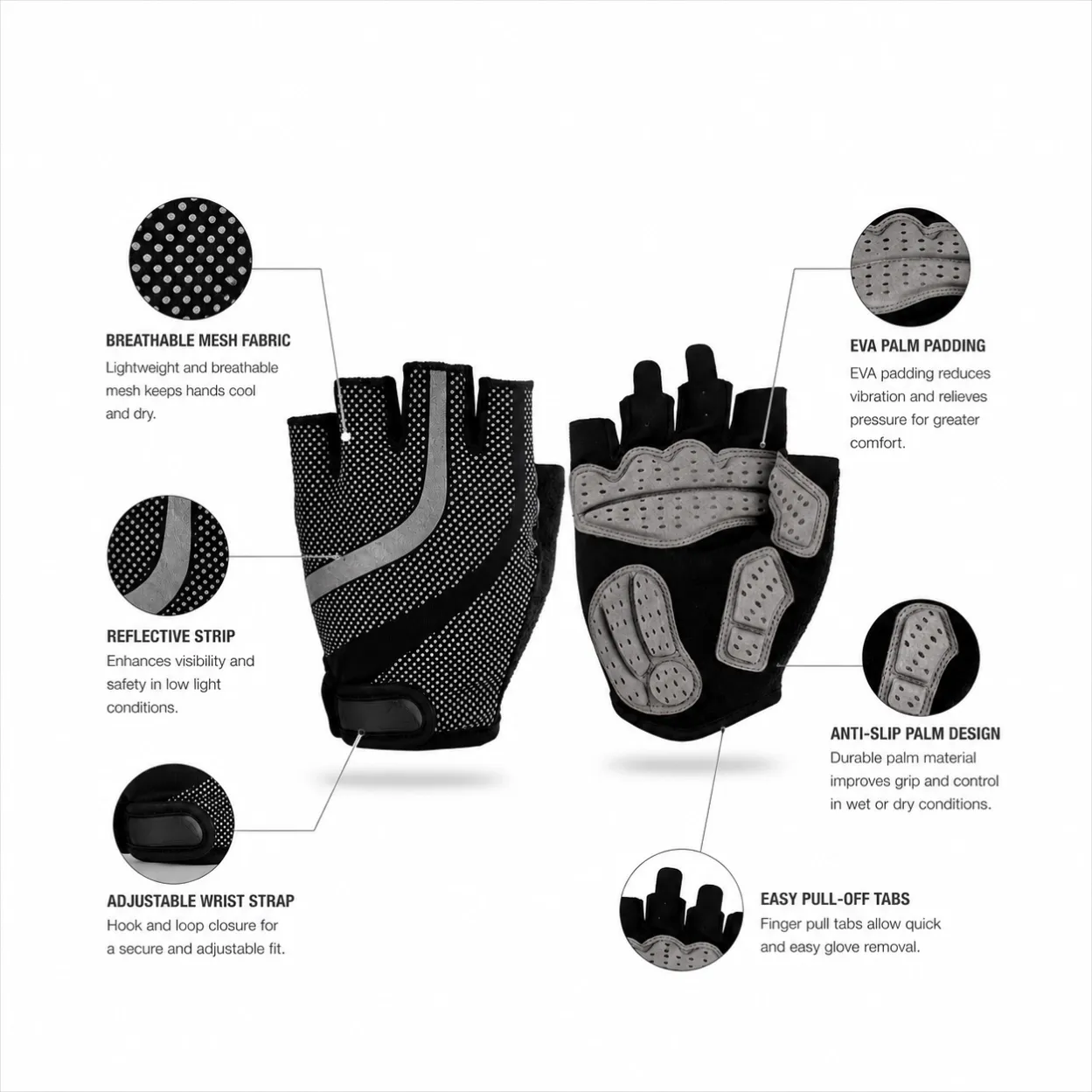 Breathable cycling gloves with EVA palm padding reflective strip and anti-slip grip design