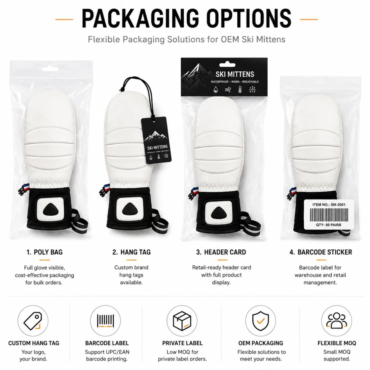 OEM ski mitten packaging options including poly bag, hang tag, header card and barcode sticker for private label manufacturing.