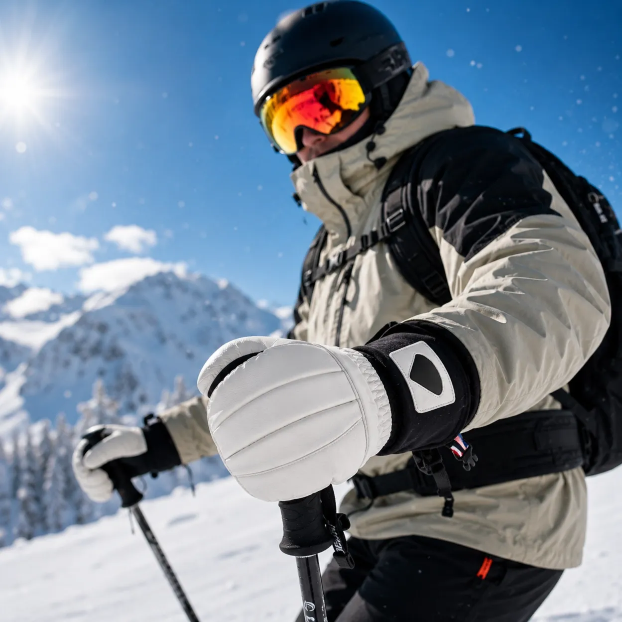 Premium sheepskin ski mittens for skiing and snowboarding in winter outdoor conditions with waterproof and insulated protection.