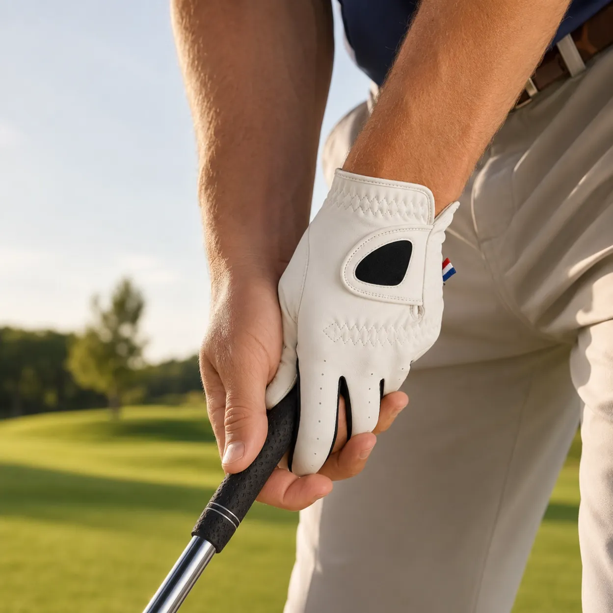 Golfer wearing a breathable white PU leather golf glove during play