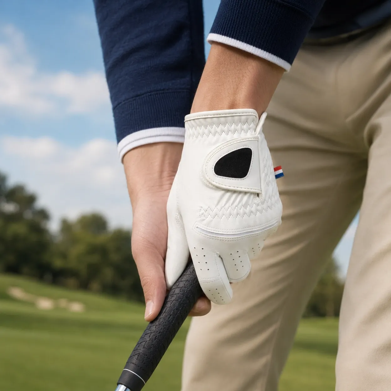 Golfer wearing a white Korean nano microfiber golf glove while gripping a club