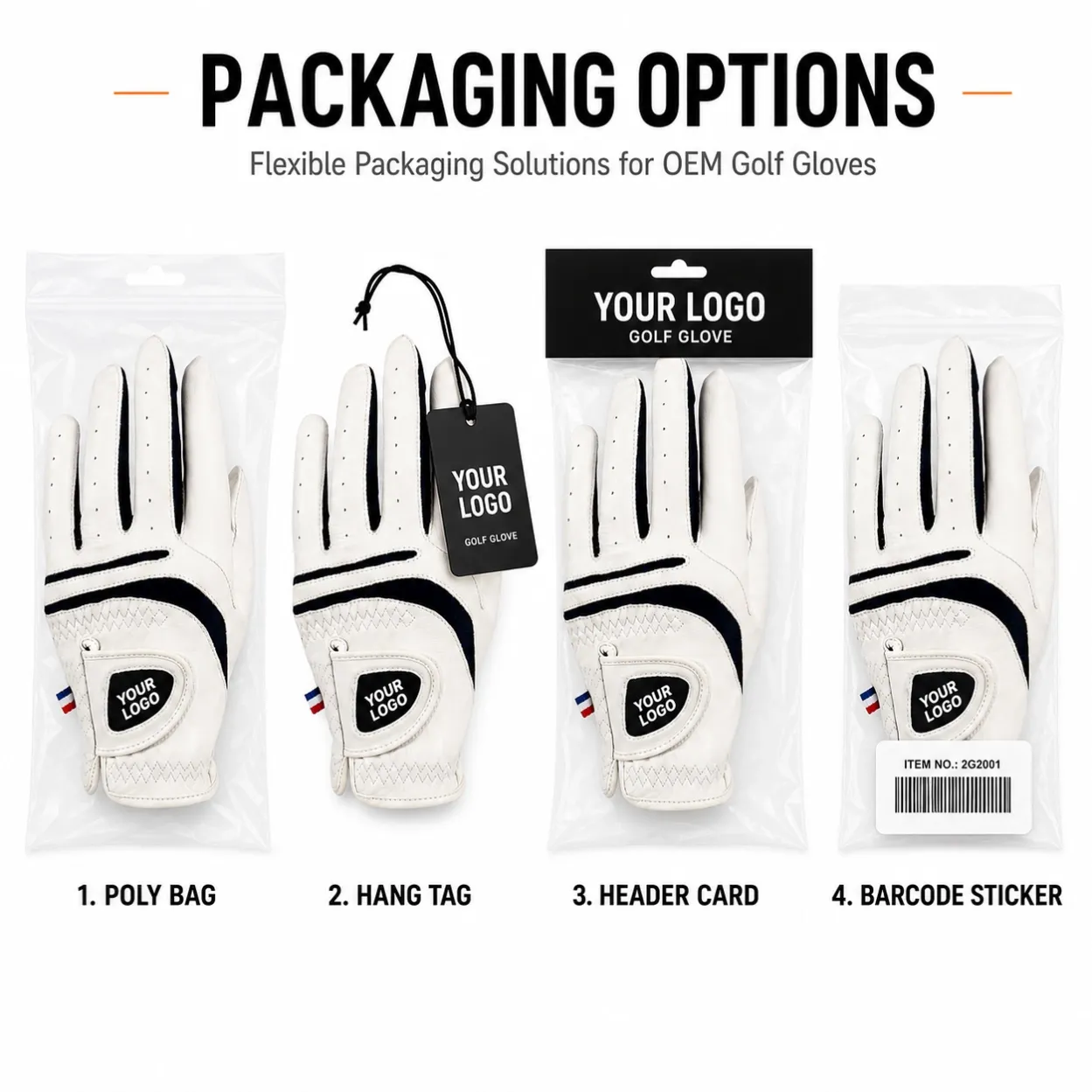 OEM golf glove packaging options with poly bag, hang tag, header card and barcode label
