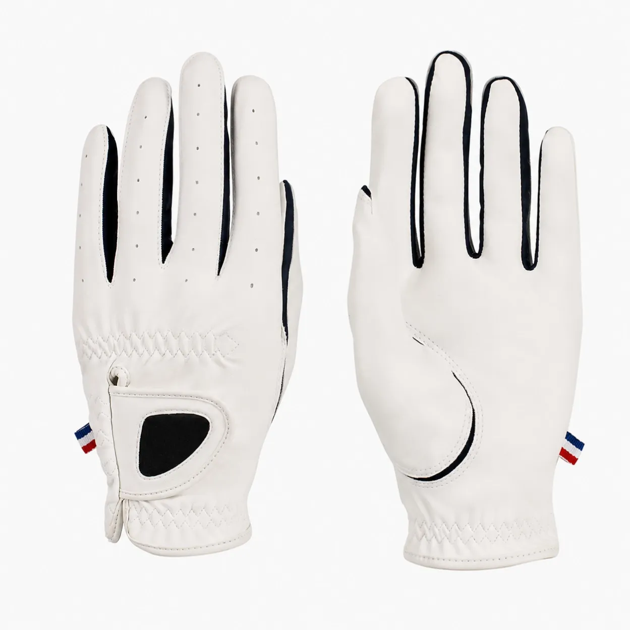 White perforated PU leather golf glove shown from back and palm sides