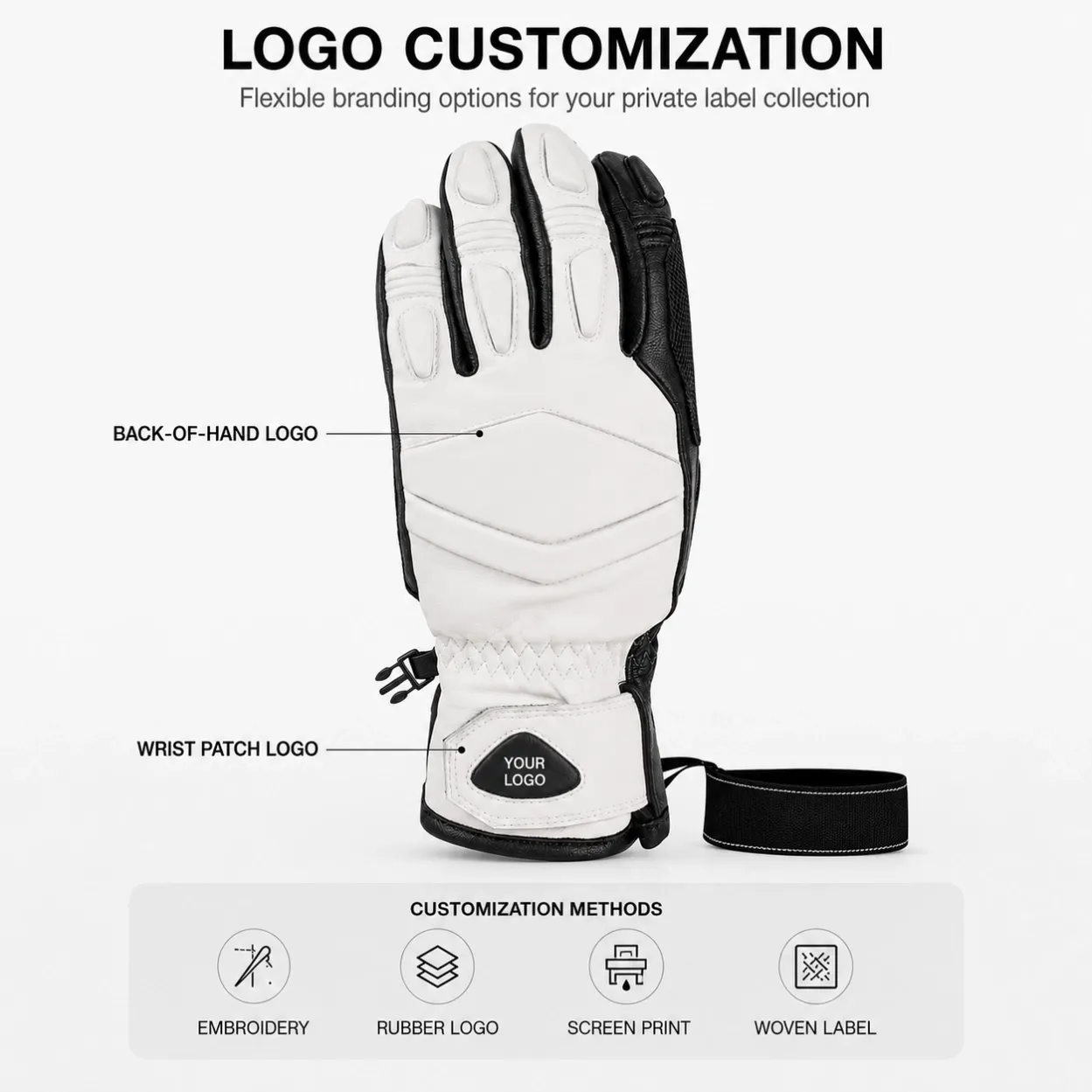 Custom logo placement and branding methods for leather ski gloves