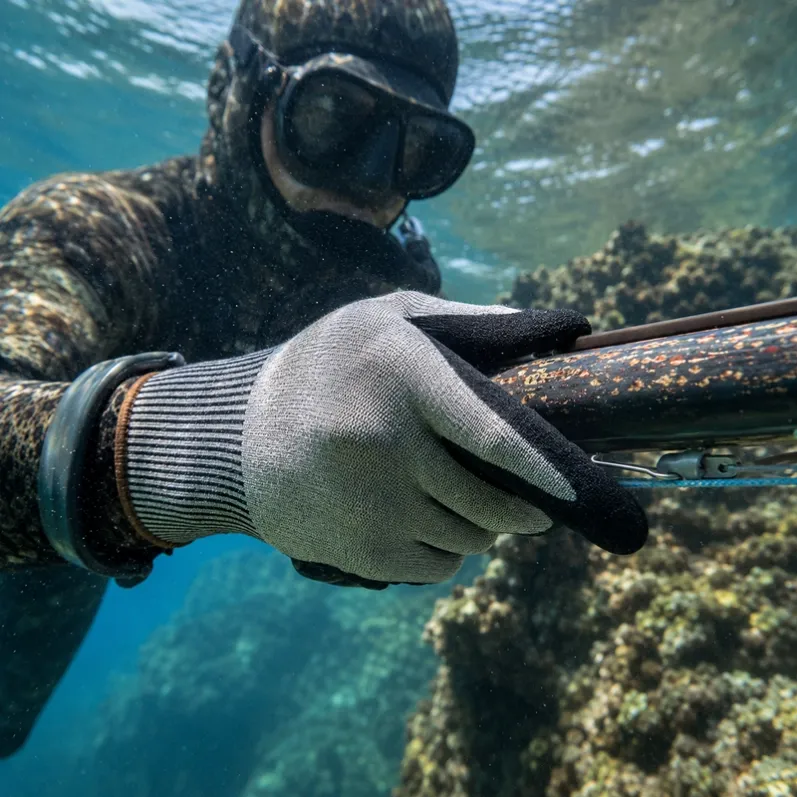 Cut-resistant spearfishing gloves used for handling wet spearfishing equipment