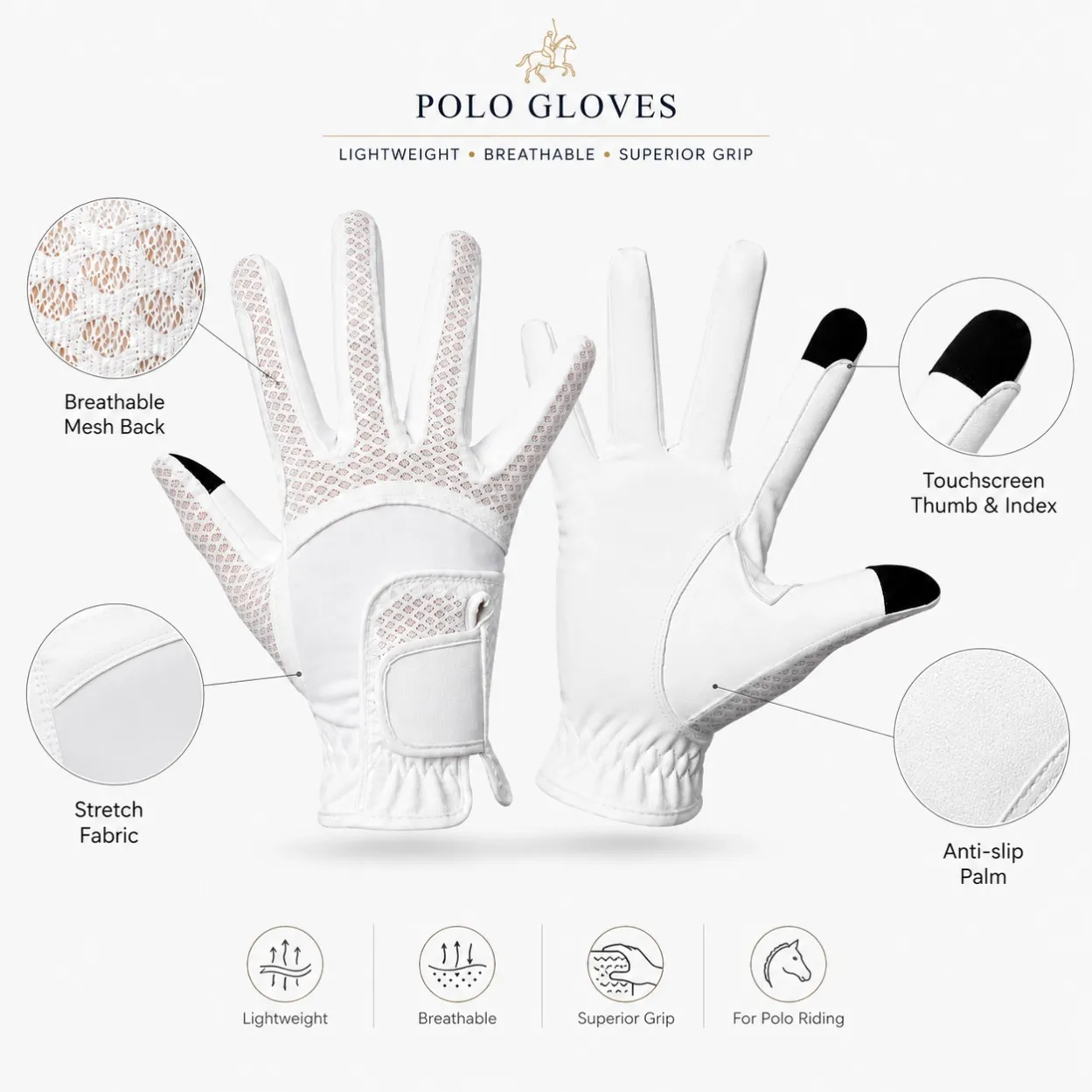 Polo gloves detailed view showing breathable fabric and grip construction