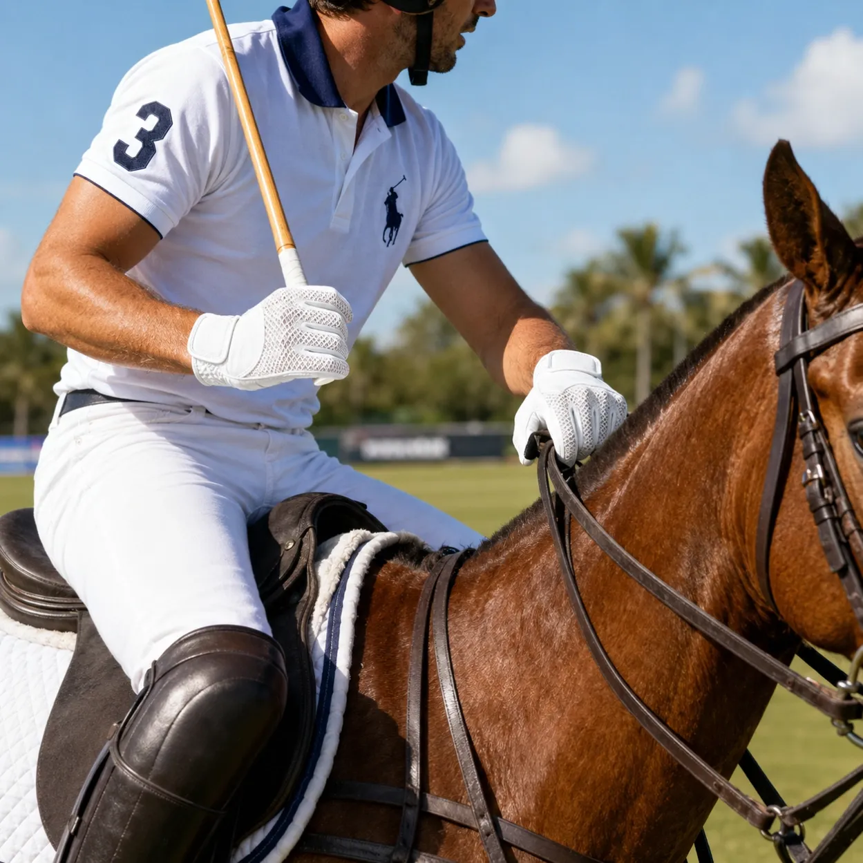 Professional polo player wearing premium polo gloves during equestrian sports
