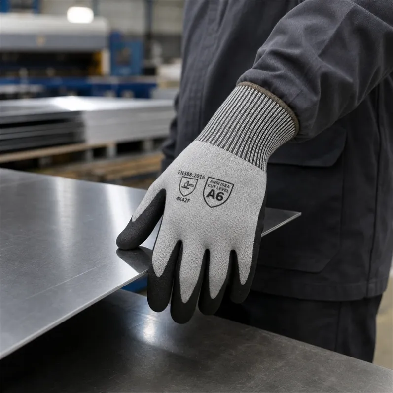 Industrial metalworking environment, worker handling steel pipe or metal sheet, focus on glove grip performance, shallow depth of field, natural industrial lighting, do not modify glove structure.