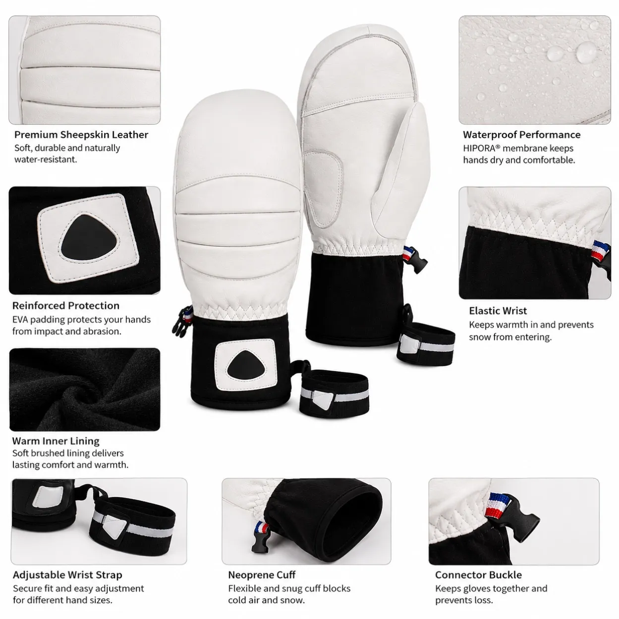 Premium sheepskin ski mittens featuring waterproof goatskin leather, 3M Thinsulate insulation, HYPORA membrane and reinforced palm construction.