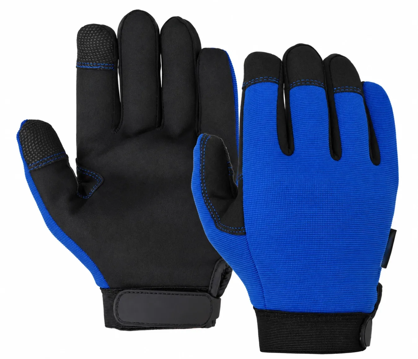 Blue and black mechanic gloves shown from back and palm sides