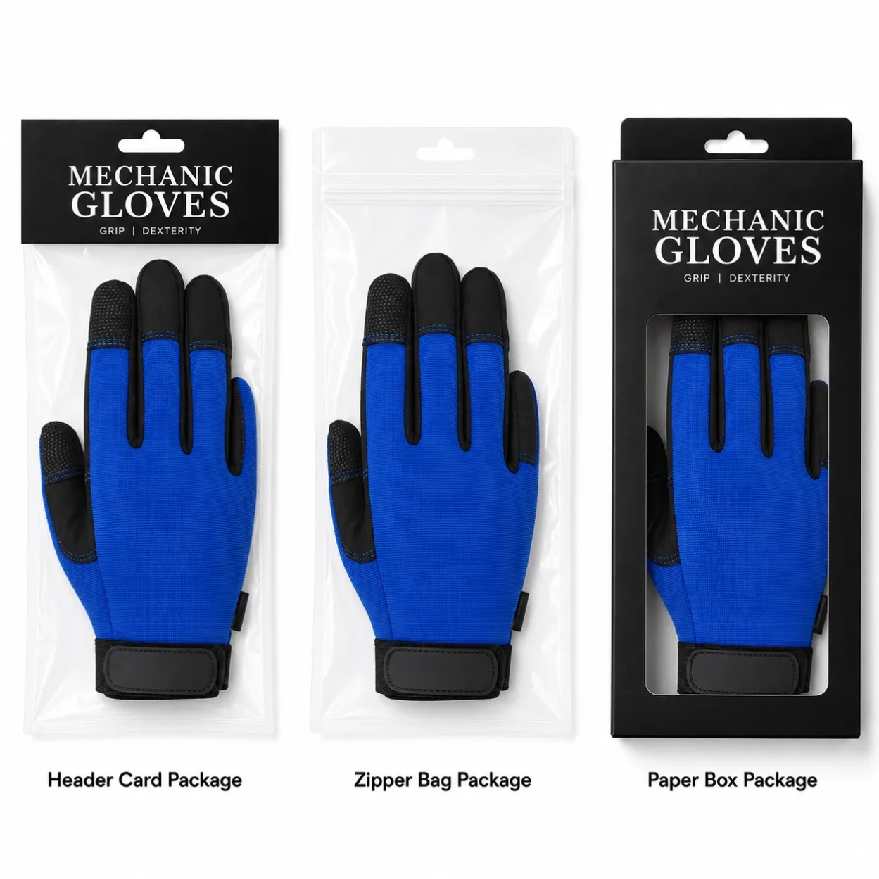 Header card, zipper bag and paper box packaging for custom mechanic gloves
