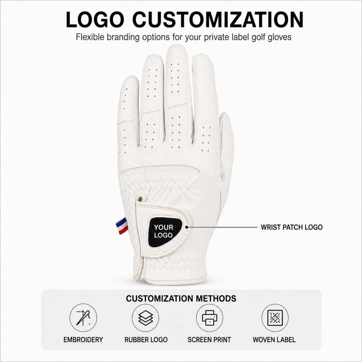 Wrist patch logo placement and branding methods for nano microfiber golf gloves