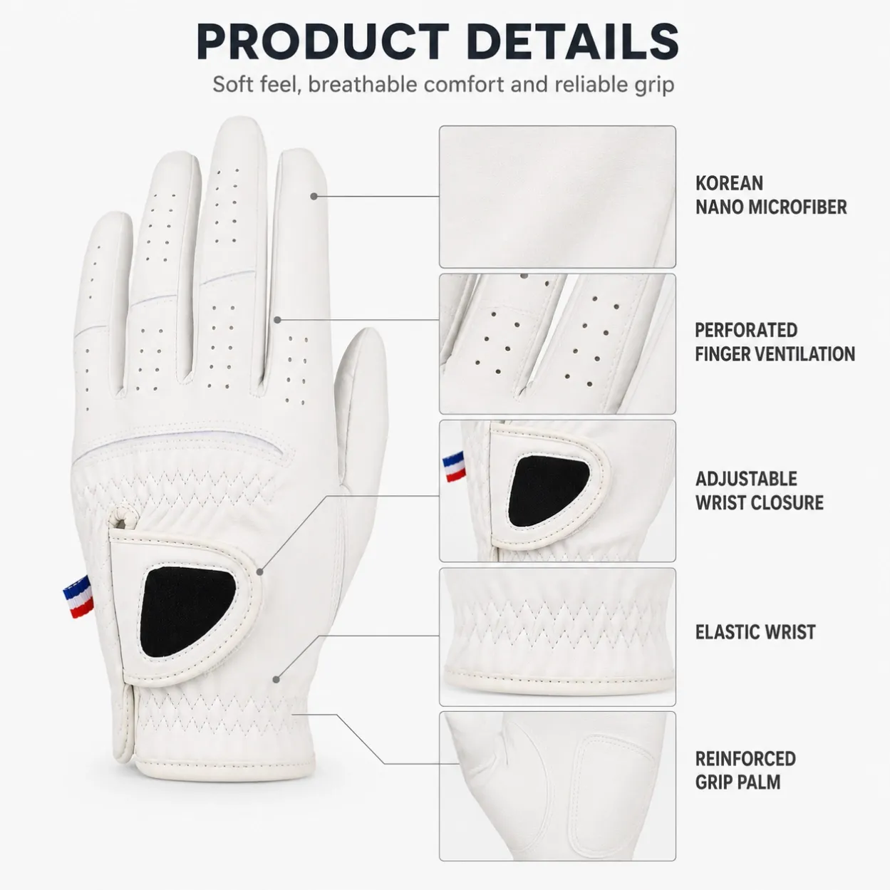 Korean nano microfiber, perforated fingers, reinforced palm and adjustable wrist details