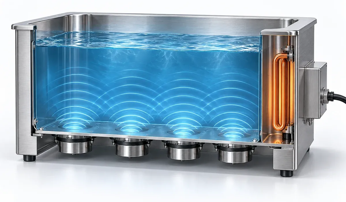 Conceptual cutaway of an ultrasonic cleaning tank showing bottom-mounted transducers, blue wave patterns, a separate side heater and an electrical input cable.