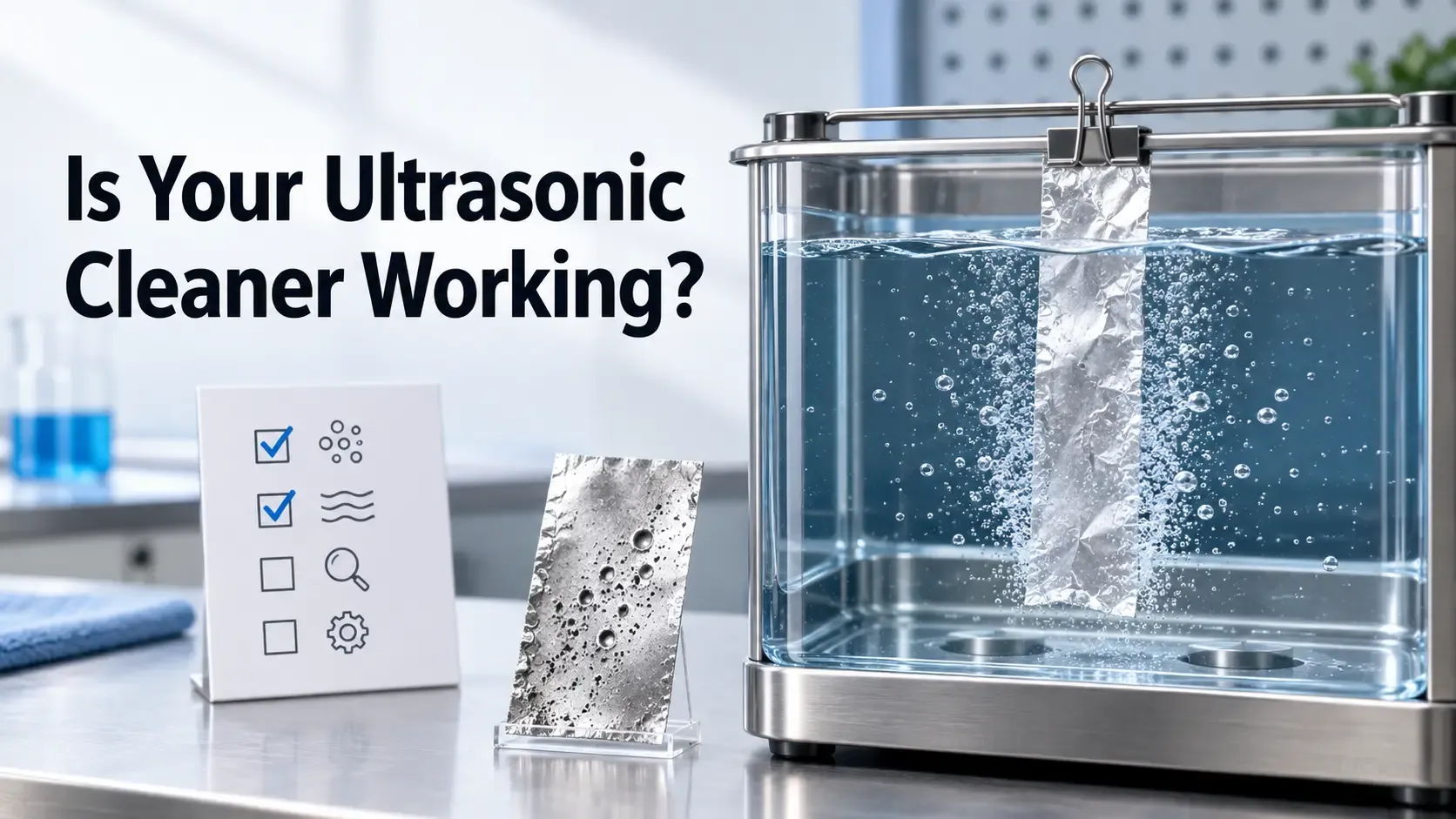 Ultrasonic cleaner cavitation check with foil test strip, bubbles, and diagnostic checklist for performance troubleshooting