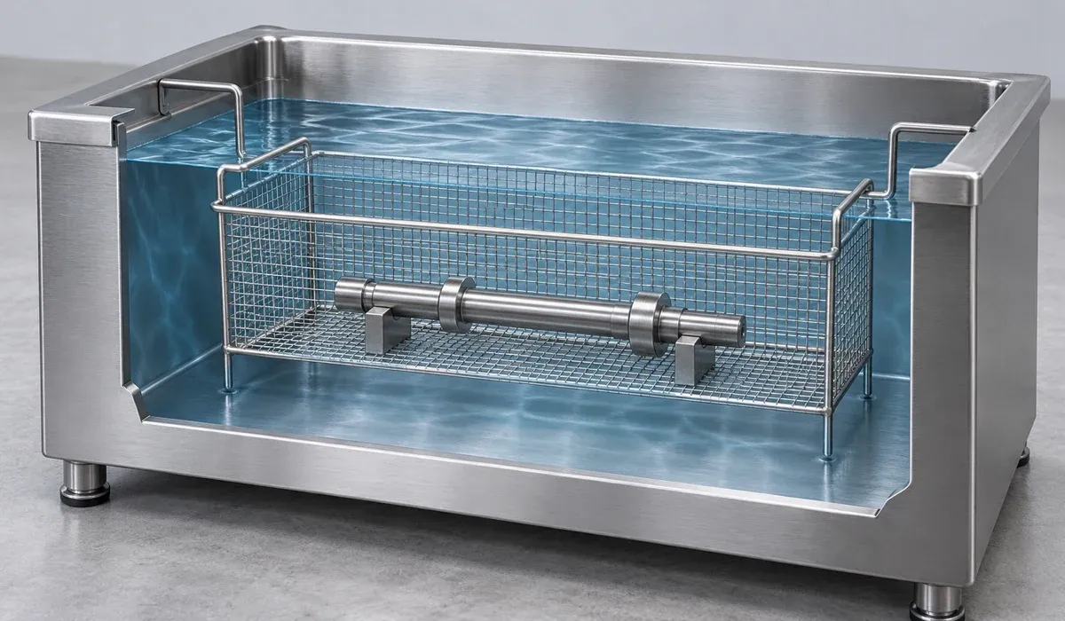 Conceptual cutaway of a stainless steel tank with liquid, a wire basket and a metal shaft on supports showing the available loading space.