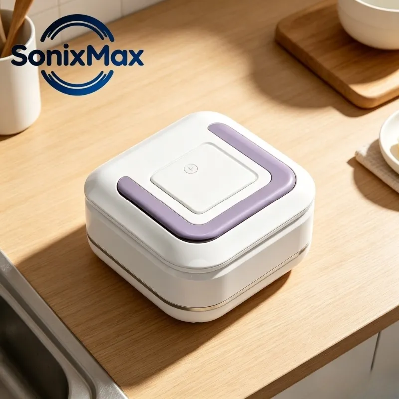Compact white household ultrasonic cleaner with transparent lid