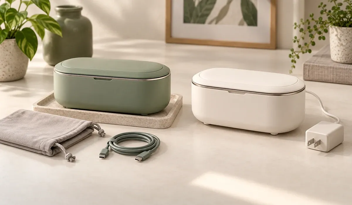 Two compact household ultrasonic cleaner concepts beside a USB-C cable, storage pouch and disconnected power adapter on a light tabletop.