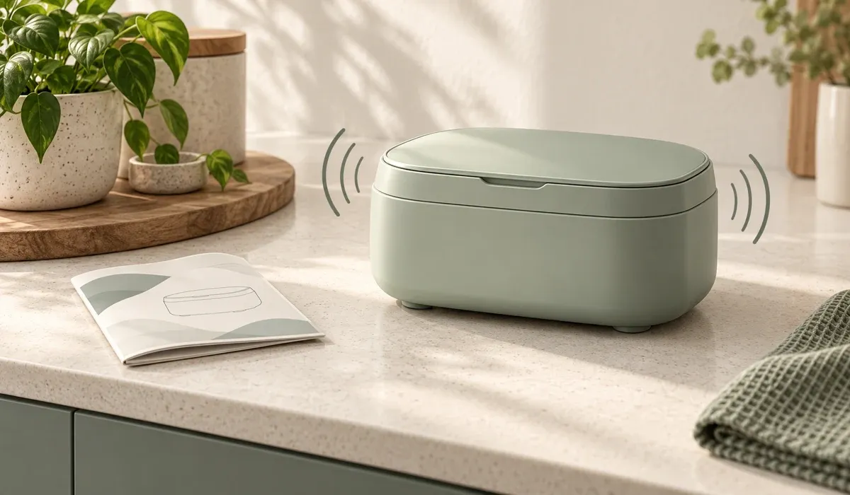 Closed sage-green household cleaner with illustrated sound lines beside an instruction booklet on a light countertop.