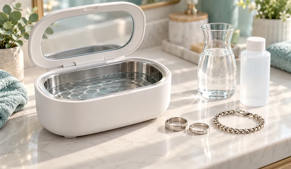 Open household ultrasonic cleaner beside plain metal bands, a bracelet, a glass water carafe and an unbranded bottle on a light countertop.