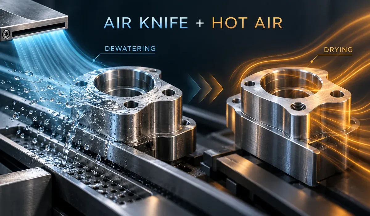 Concept illustration of an air knife blowing water from a machined metal part, followed by hot-air drying.