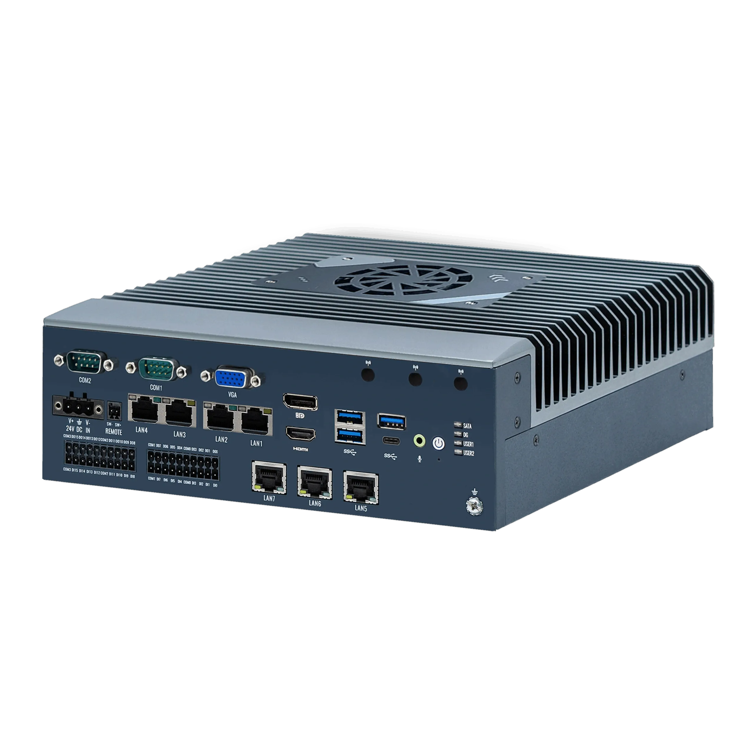 FI0M-U2-72 actively cooled Core Ultra edge AI box PC with seven Ethernet ports