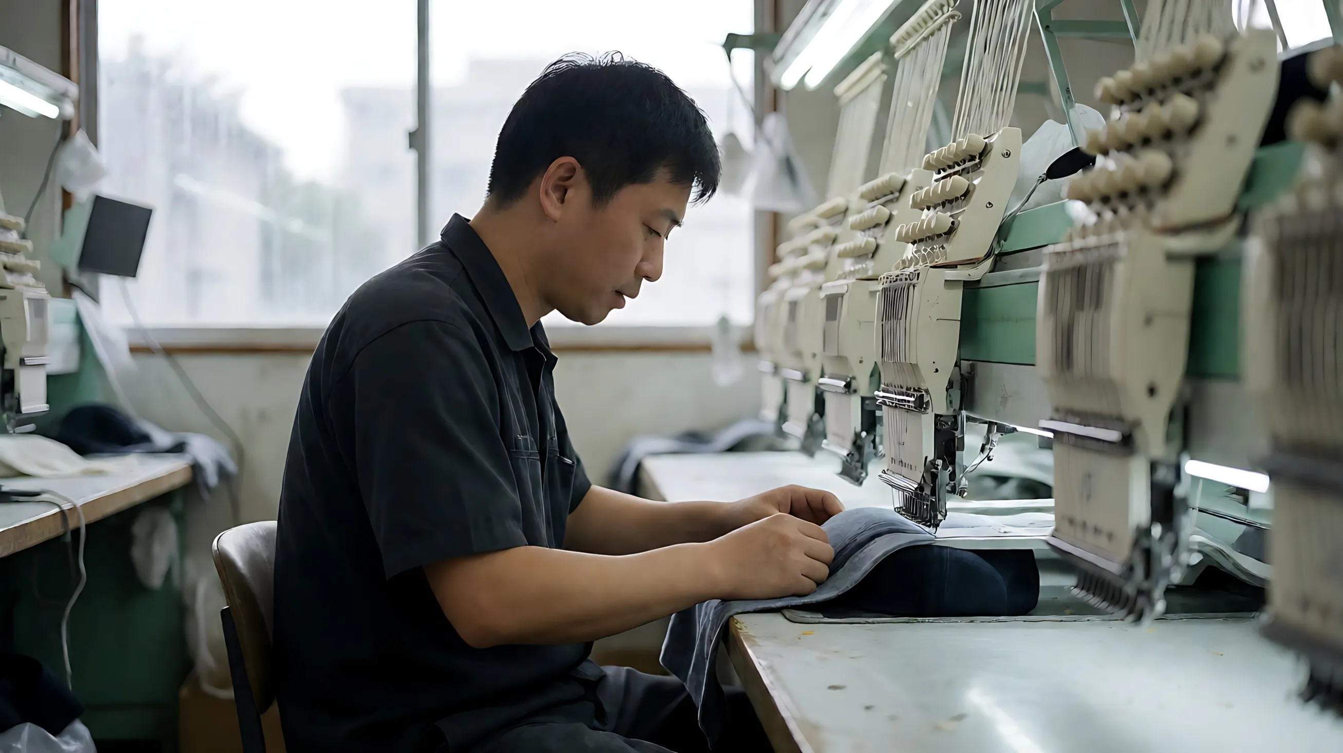 watches a six-needle cap embroidery frame stitch a plain mark onto a structured cap hooped tight