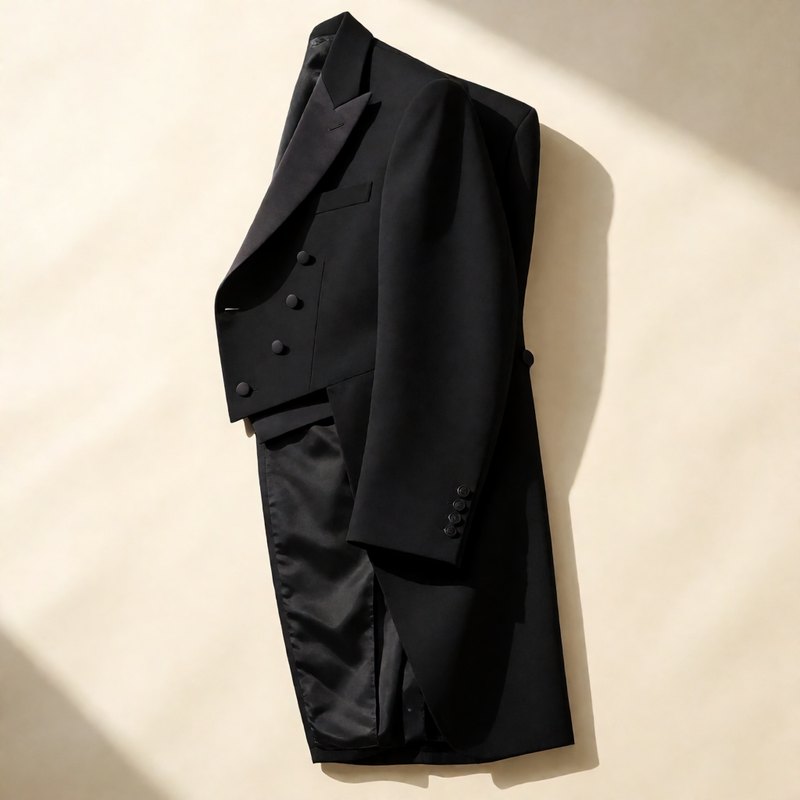 Black tailcoat folded flat showing the tails, top-down view