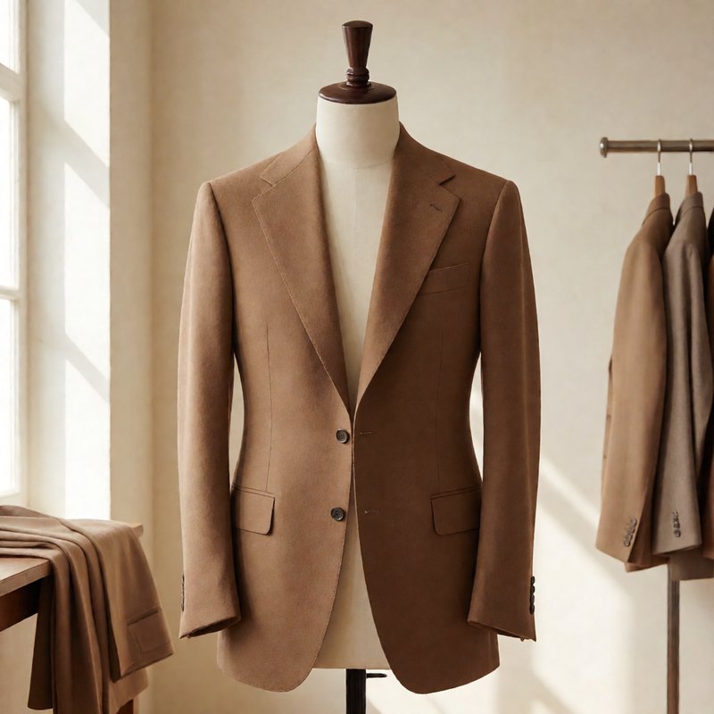 Camel brown suit jacket on a dress form with notch lapels