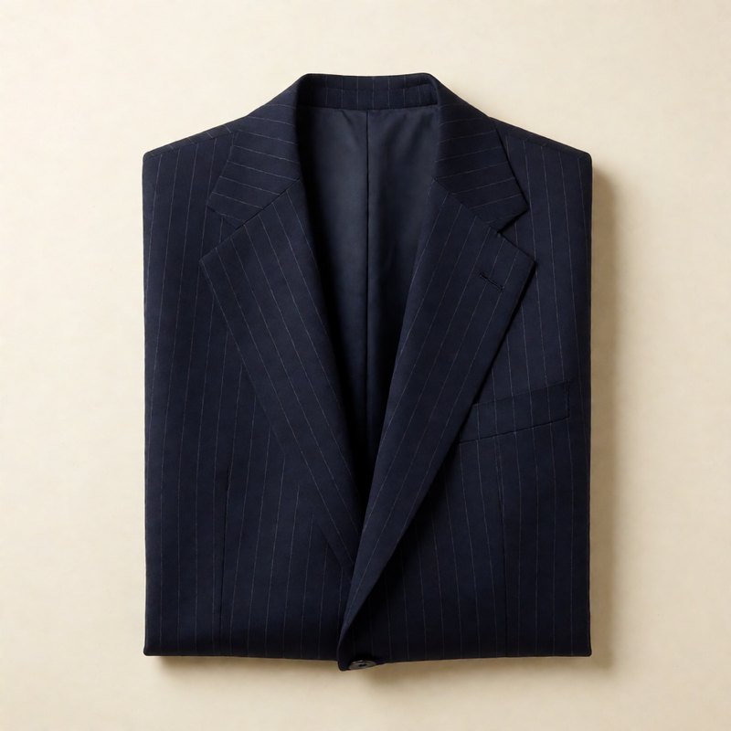 Navy pinstripe jacket folded flat, top-down view