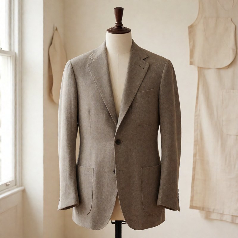 Taupe silk-linen casual blazer on a dress form with patch pockets