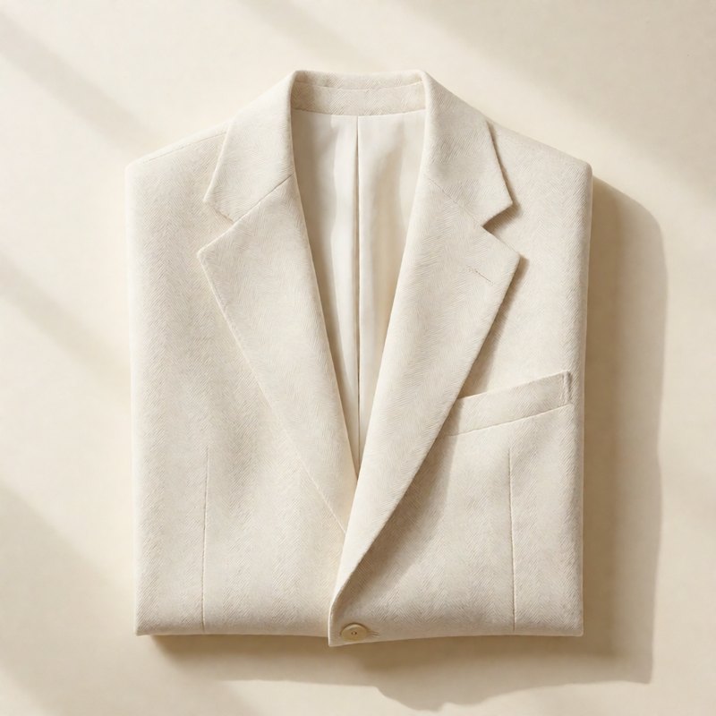 Ivory herringbone blazer folded flat, top-down view