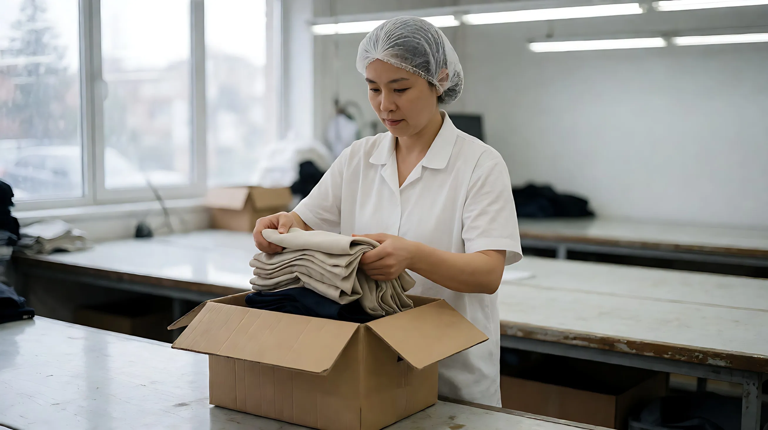 draws a random handful of folded garments from an open carton as the statistical sample