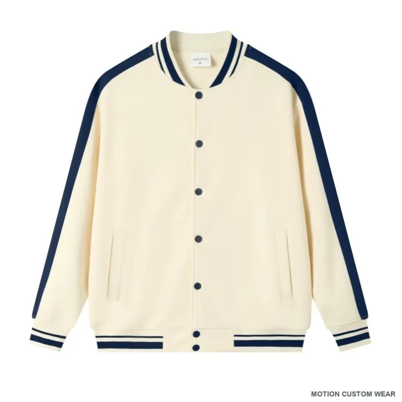 Custom color-block baseball jacket in front